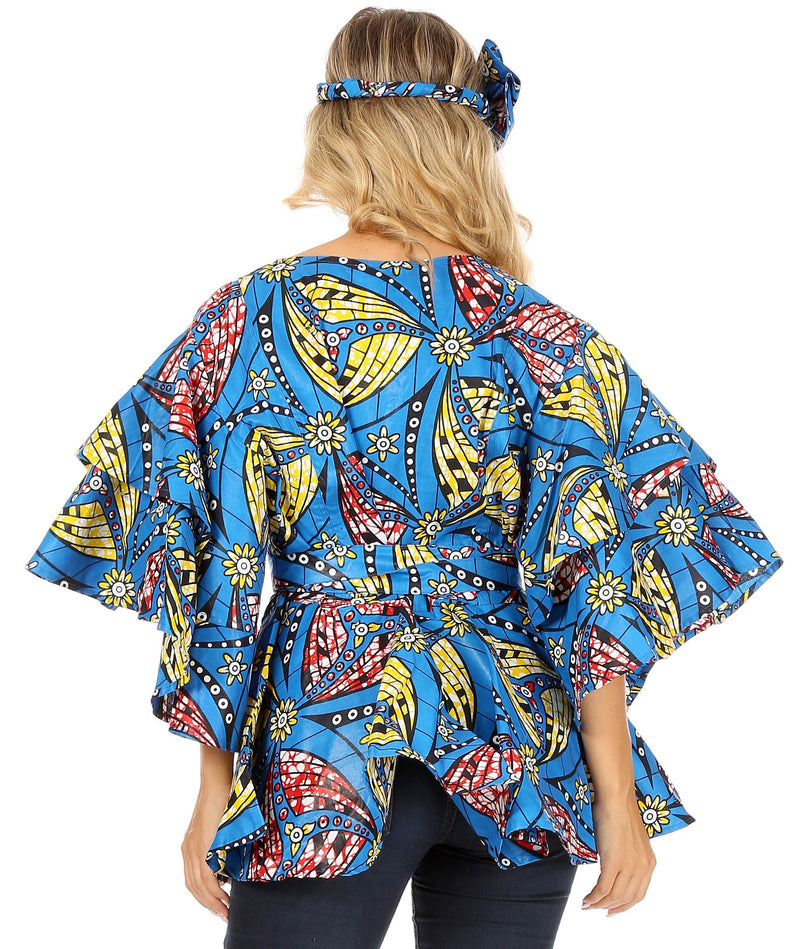 Sakkas Antonella Women's Ruffle Short Sleeve African Ankara V neck Wrap Top Blouse