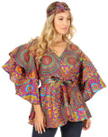 Sakkas Antonella Women's Ruffle Short Sleeve African Ankara V neck Wrap Top Blouse#color_63-Multi
