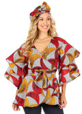 Sakkas Antonella Women's Ruffle Short Sleeve African Ankara V neck Wrap Top Blouse#color_65-Burgundy