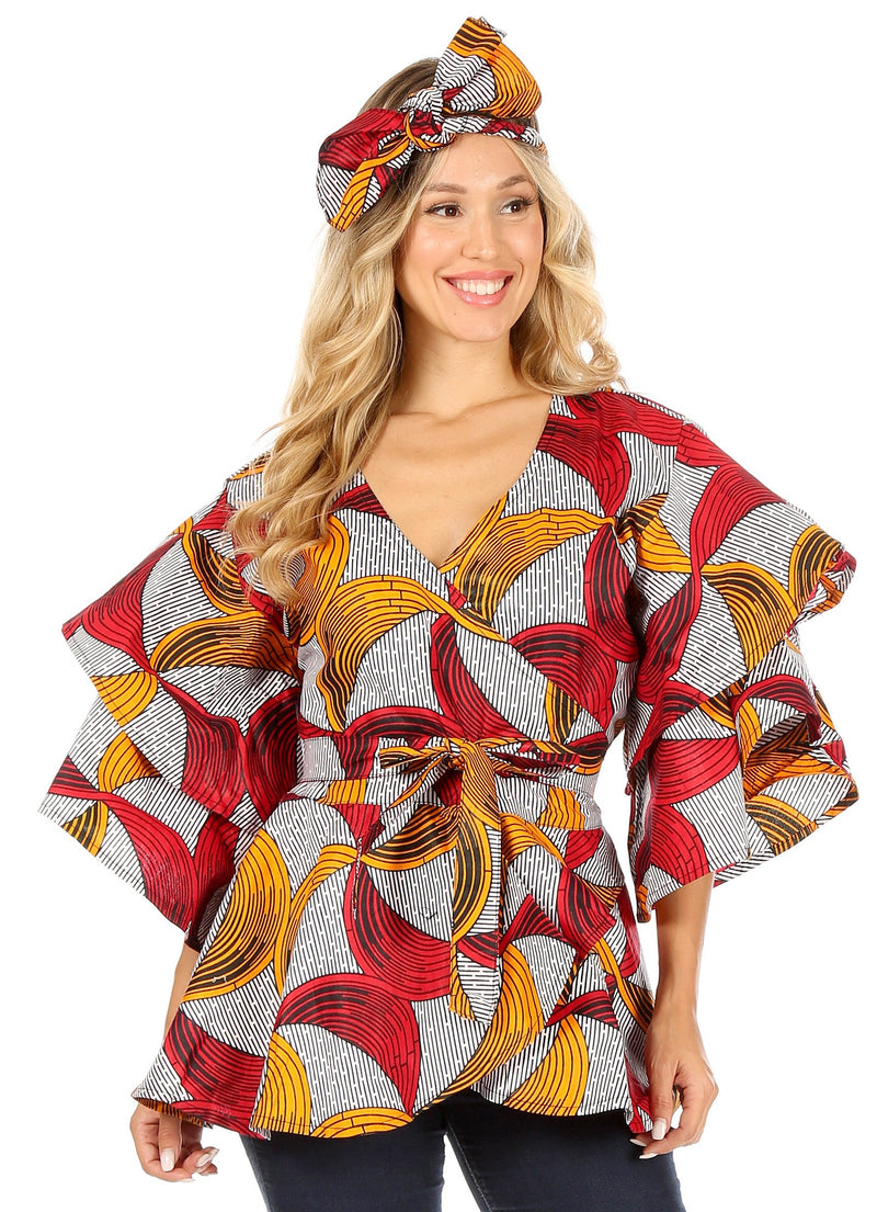 Sakkas Antonella Women's Ruffle Short Sleeve African Ankara V neck Wrap Top Blouse