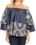 Sakkas Desta Off-shoulder Tent Top Blouse on Chambray and Wax African Ankara Print#color_26-BlackWhite