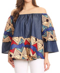Sakkas Desta Off-shoulder Tent Top Blouse on Chambray and Wax African Ankara Print#color_416-chambray/sand