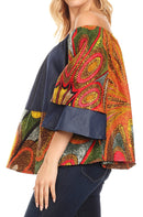 Sakkas Desta Off-shoulder Tent Top Blouse on Chambray and Wax African Ankara Print