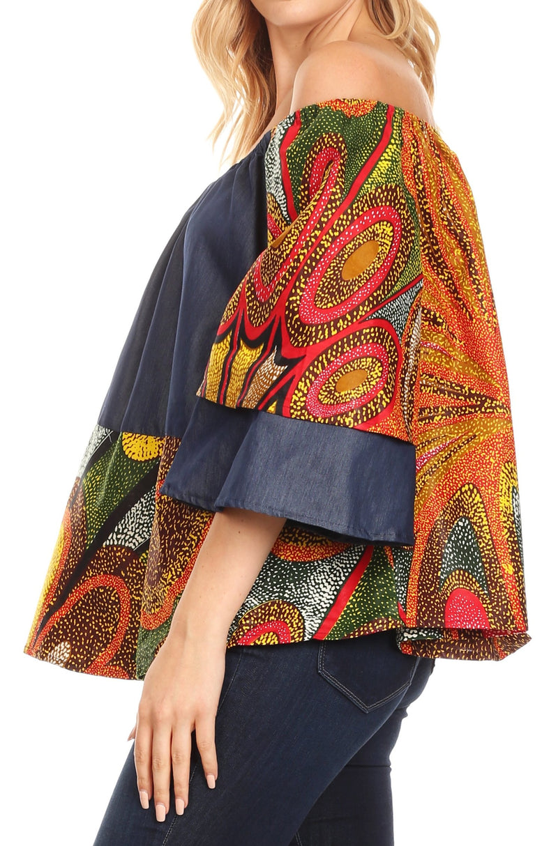Sakkas Desta Off-shoulder Tent Top Blouse on Chambray and Wax African Ankara Print