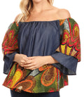 Sakkas Desta Off-shoulder Tent Top Blouse on Chambray and Wax African Ankara Print#color_501-Multi