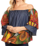 Sakkas Desta Off-shoulder Tent Top Blouse on Chambray and Wax African Ankara Print