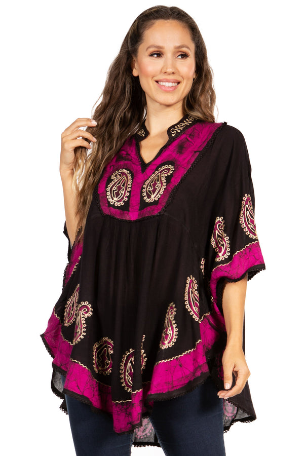 Sakkas  Amori V-Neck Embroidery Poncho Top / Cover Up#color_Black/Pink