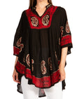 Sakkas  Amori V-Neck Embroidery Poncho Top / Cover Up#color_Black/Red