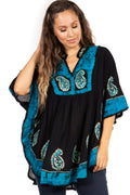 Sakkas  Amori V-Neck Embroidery Poncho Top / Cover Up#color_Black / Turquoise