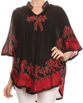 Sakkas Kevitas Long Embroiderd Palm Tree Tie Dye Tunic Blouse Shirt Poncho Top#color_Black/Red