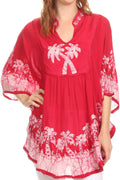 Sakkas Kevitas Long Embroiderd Palm Tree Tie Dye Tunic Blouse Shirt Poncho Top#color_Raspberry
