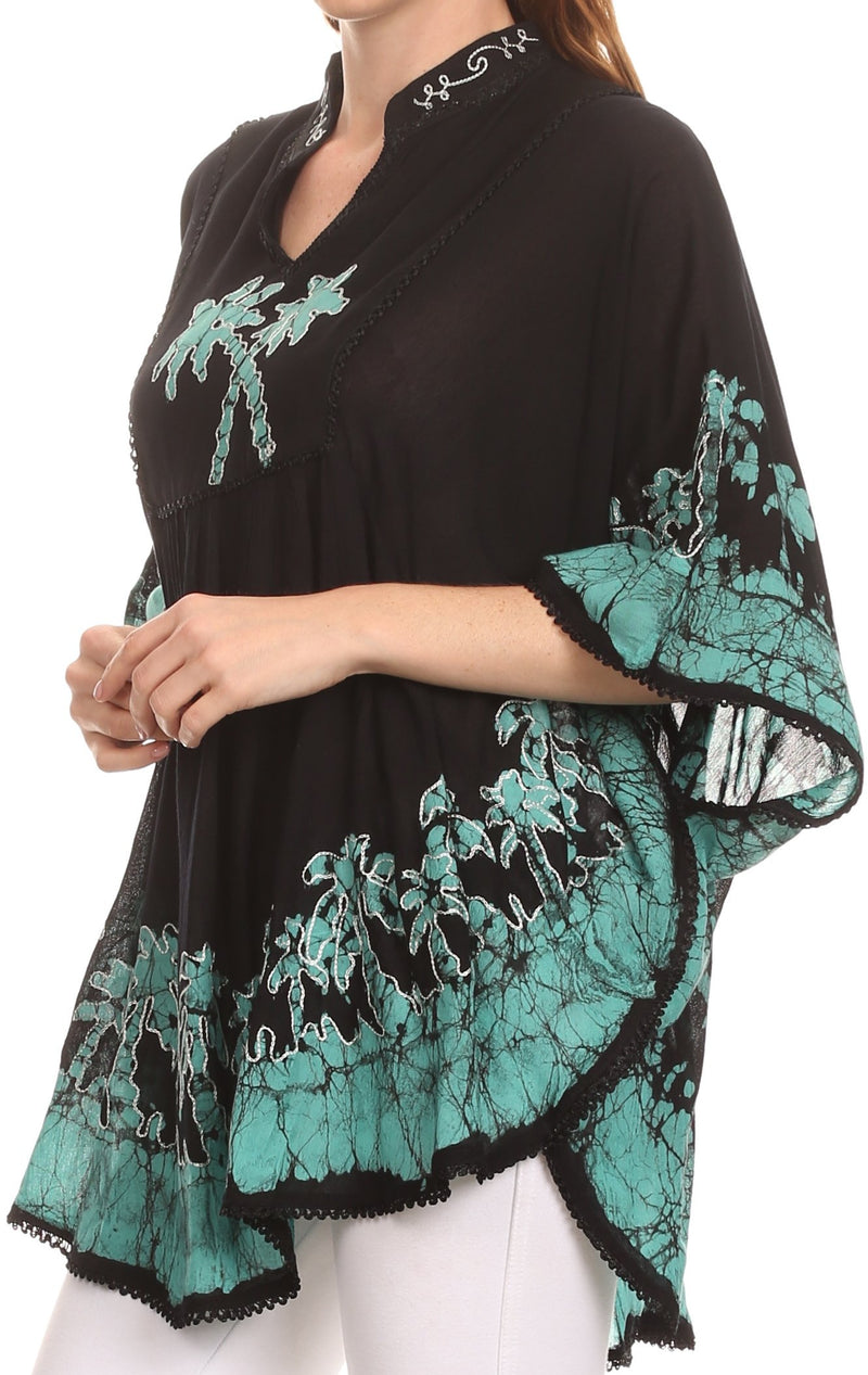 Sakkas Kevitas Long Embroiderd Palm Tree Tie Dye Tunic Blouse Shirt Poncho Top