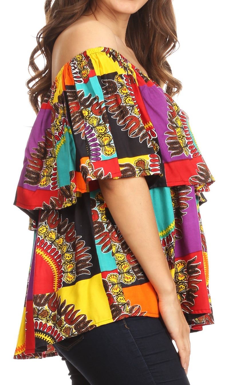 Sakkas Azra Casual Colorful African Dashiki Off-Shoulder Blouse Top Flowy and Fun!