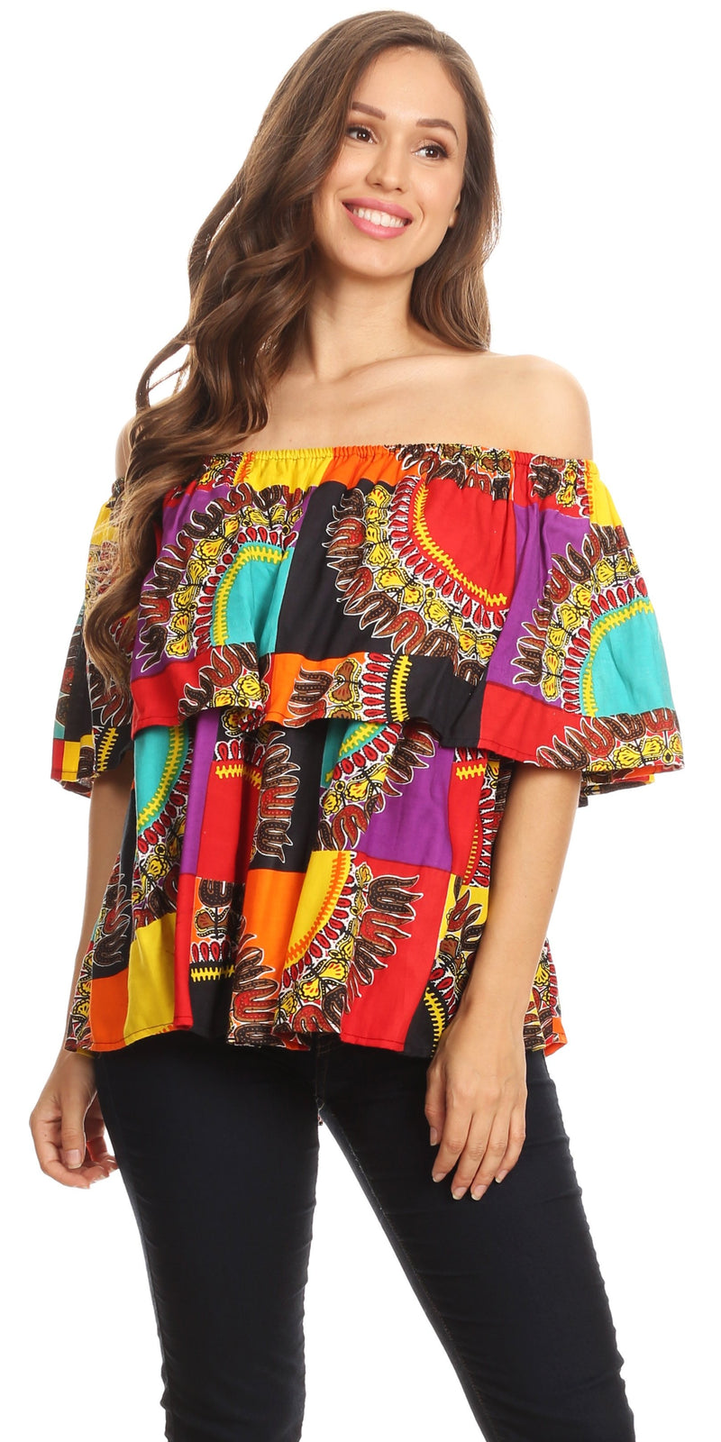 Sakkas Azra Casual Colorful African Dashiki Off-Shoulder Blouse Top Flowy and Fun!