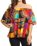 Sakkas Azra Casual Colorful African Dashiki Off-Shoulder Blouse Top Flowy and Fun!#color_Multi-Dashiki