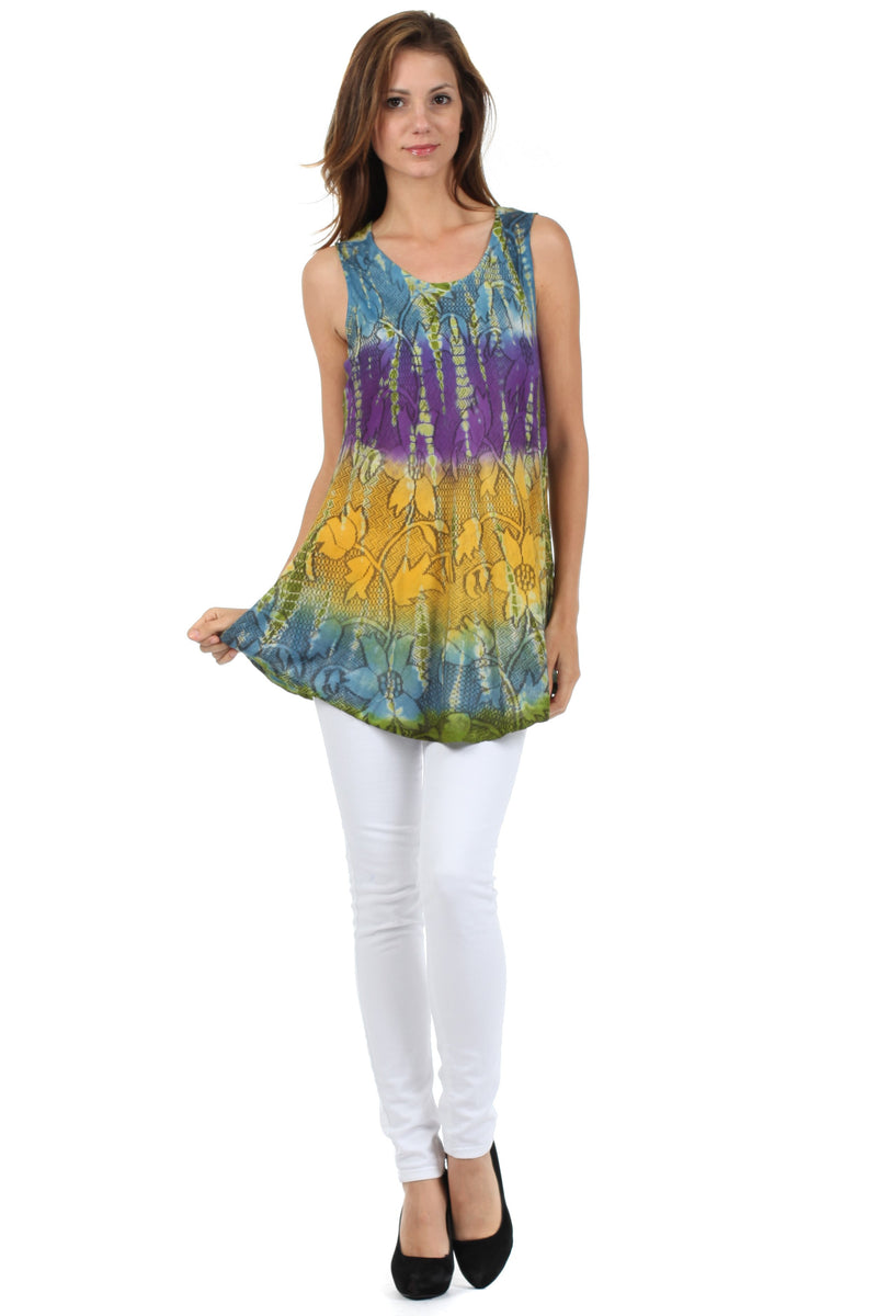 Sakkas Ombre Floral Tie Dye Flared Hem Sleeveless Tunic Blouse