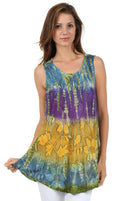 Sakkas Ombre Floral Tie Dye Flared Hem Sleeveless Tunic Blouse#color_Blue