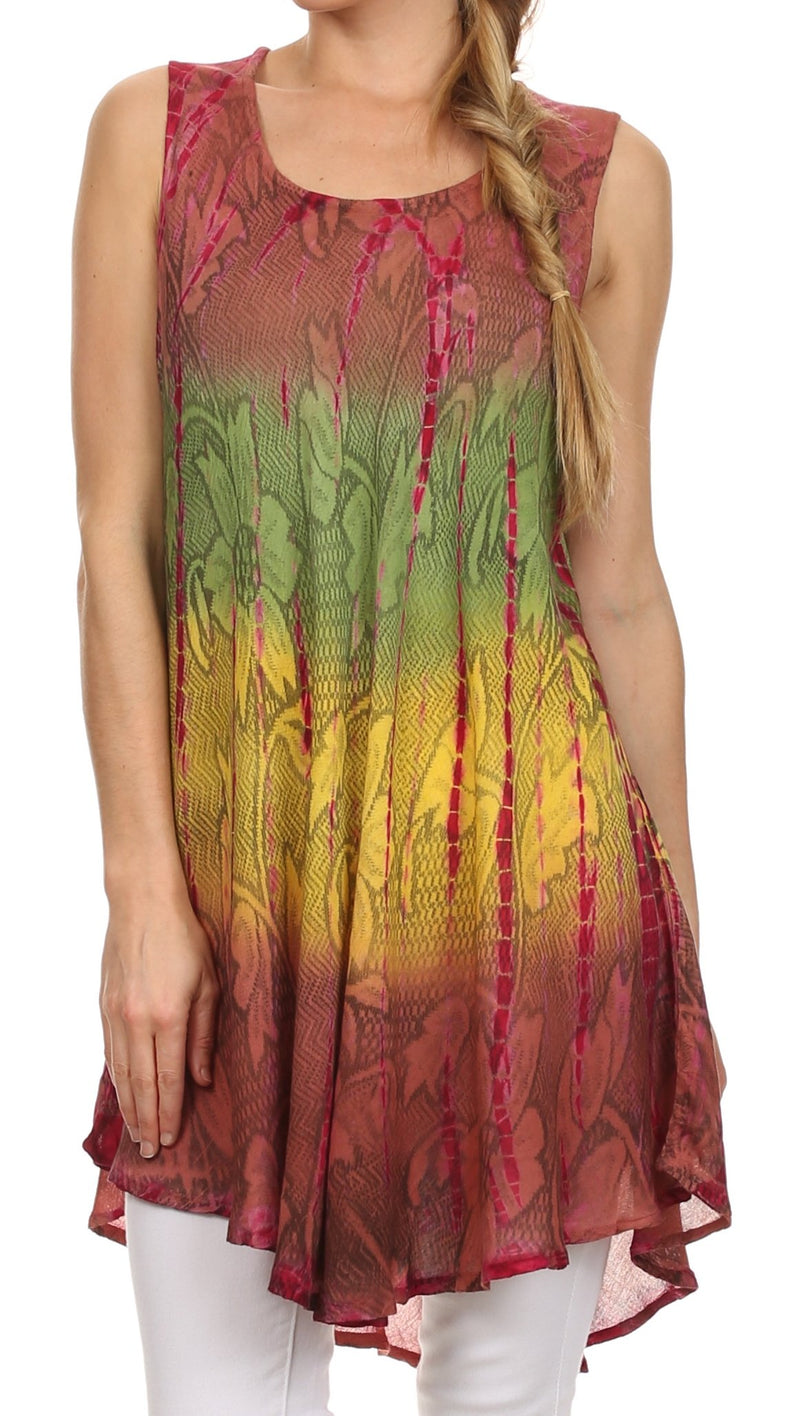 Sakkas Ombre Floral Tie Dye Flared Hem Sleeveless Tunic Blouse