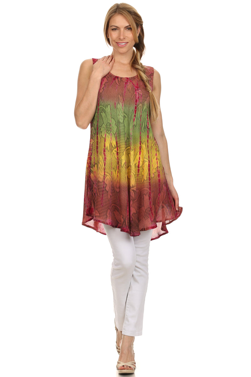 Sakkas Ombre Floral Tie Dye Flared Hem Sleeveless Tunic Blouse