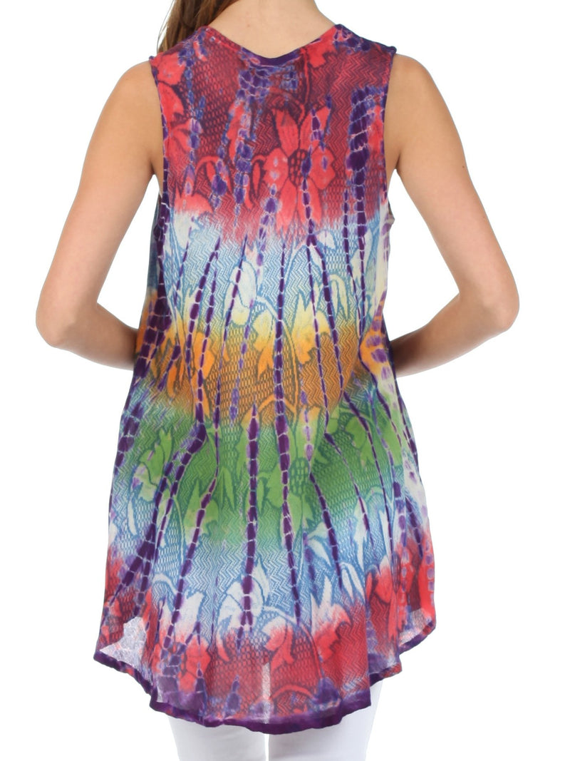 Sakkas Ombre Floral Tie Dye Flared Hem Sleeveless Tunic Blouse