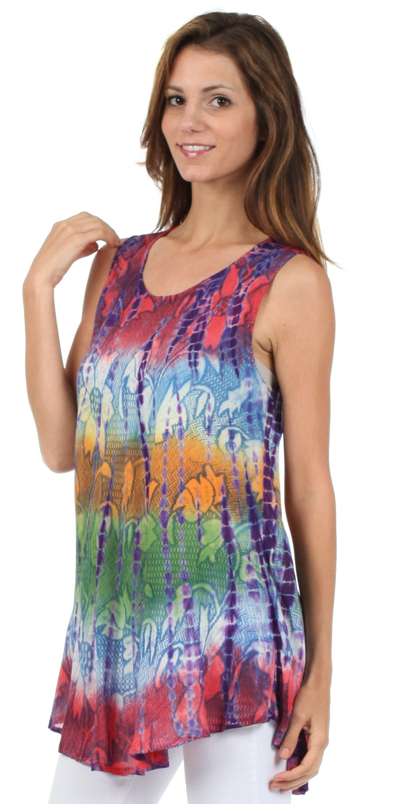 Sakkas Ombre Floral Tie Dye Flared Hem Sleeveless Tunic Blouse