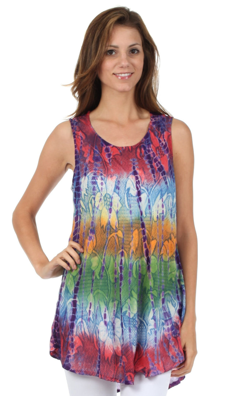 Sakkas Ombre Floral Tie Dye Flared Hem Sleeveless Tunic Blouse