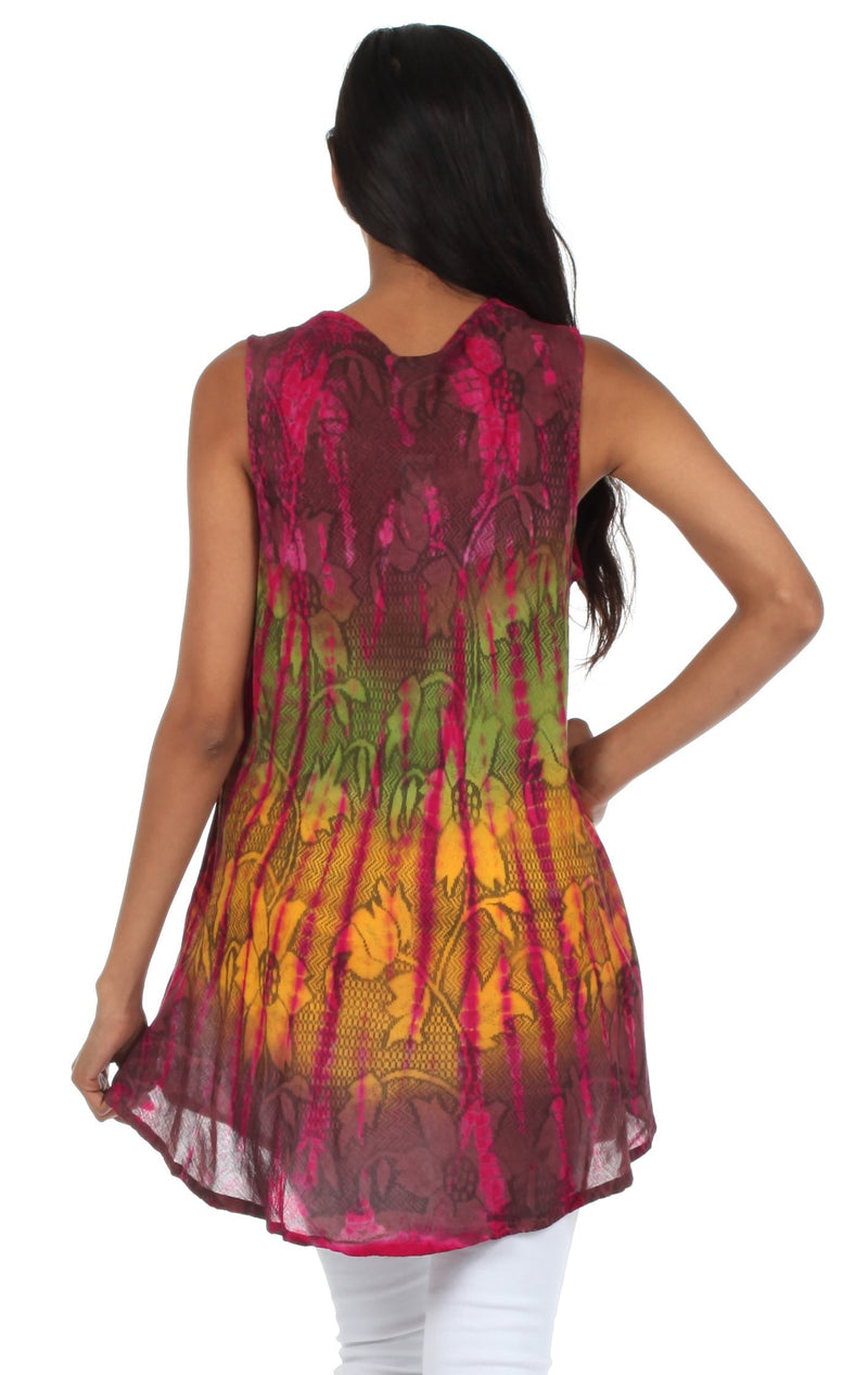 Sakkas Ombre Floral Tie Dye Flared Hem Sleeveless Tunic Blouse