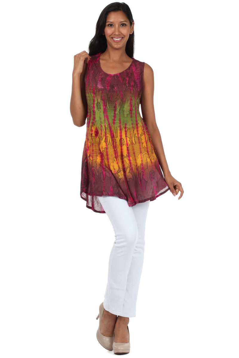 Sakkas Ombre Floral Tie Dye Flared Hem Sleeveless Tunic Blouse