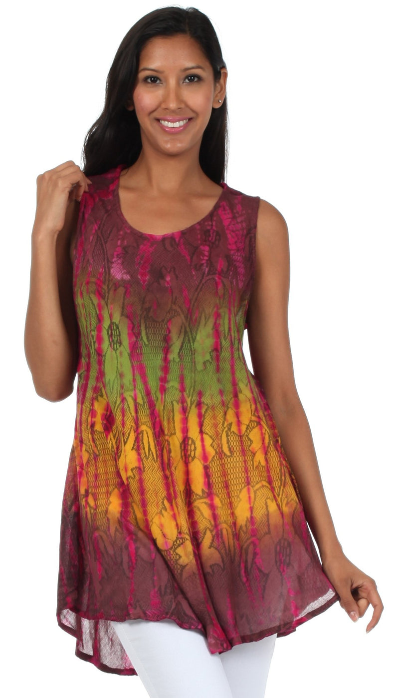 Sakkas Ombre Floral Tie Dye Flared Hem Sleeveless Tunic Blouse