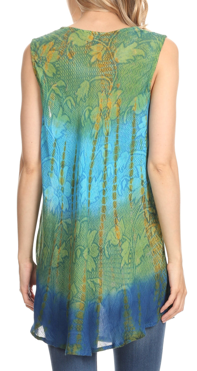 Sakkas Ombre Floral Tie Dye Flared Hem Sleeveless Tunic Blouse