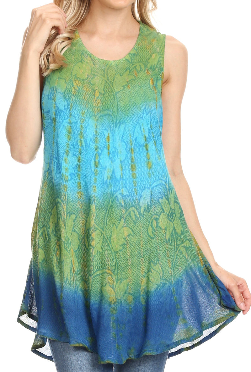 Sakkas Ombre Floral Tie Dye Flared Hem Sleeveless Tunic Blouse