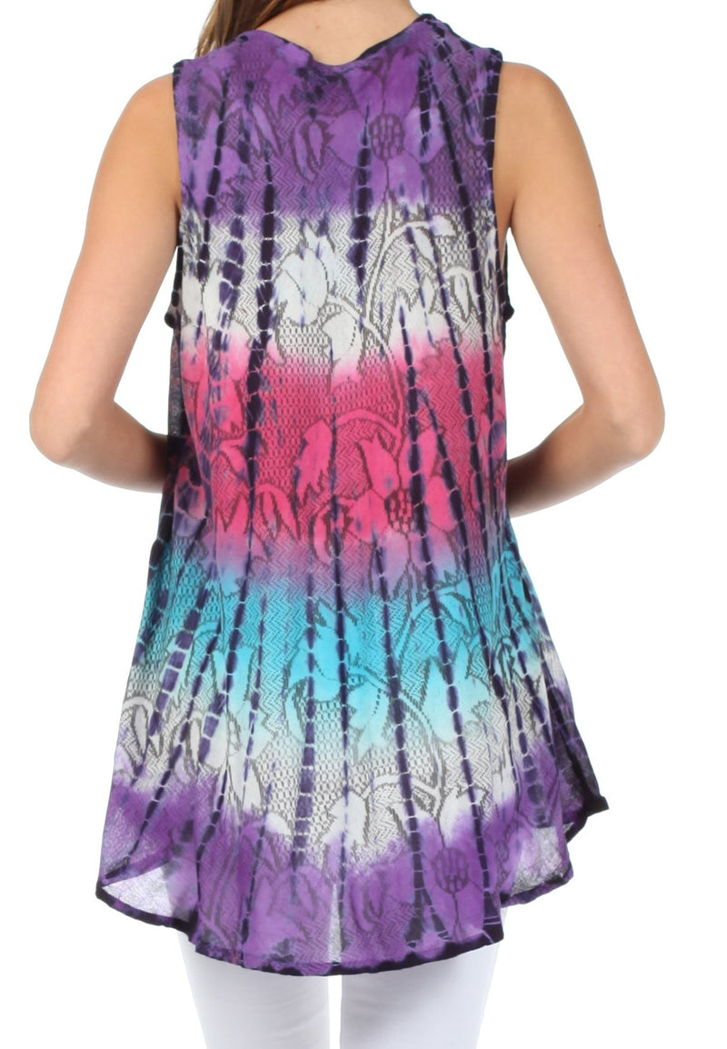 Sakkas Ombre Floral Tie Dye Flared Hem Sleeveless Tunic Blouse