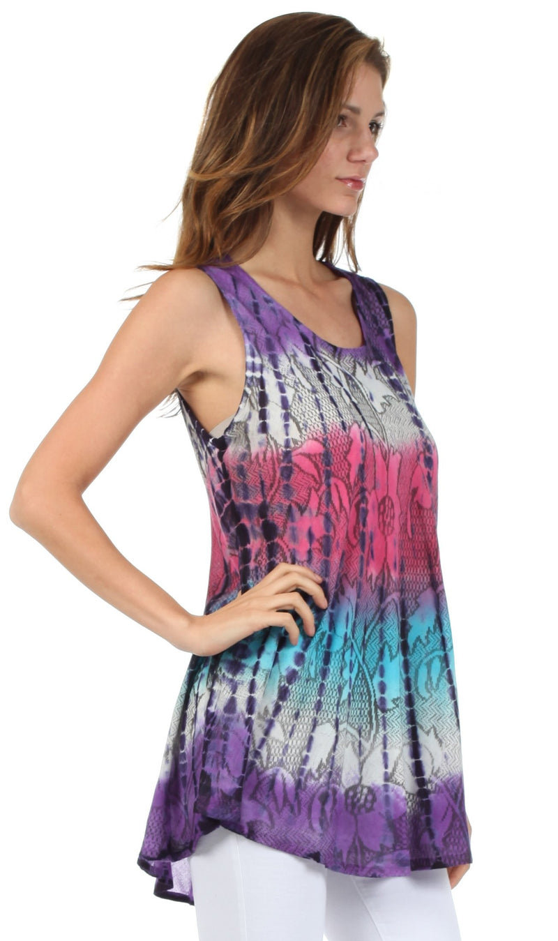 Sakkas Ombre Floral Tie Dye Flared Hem Sleeveless Tunic Blouse