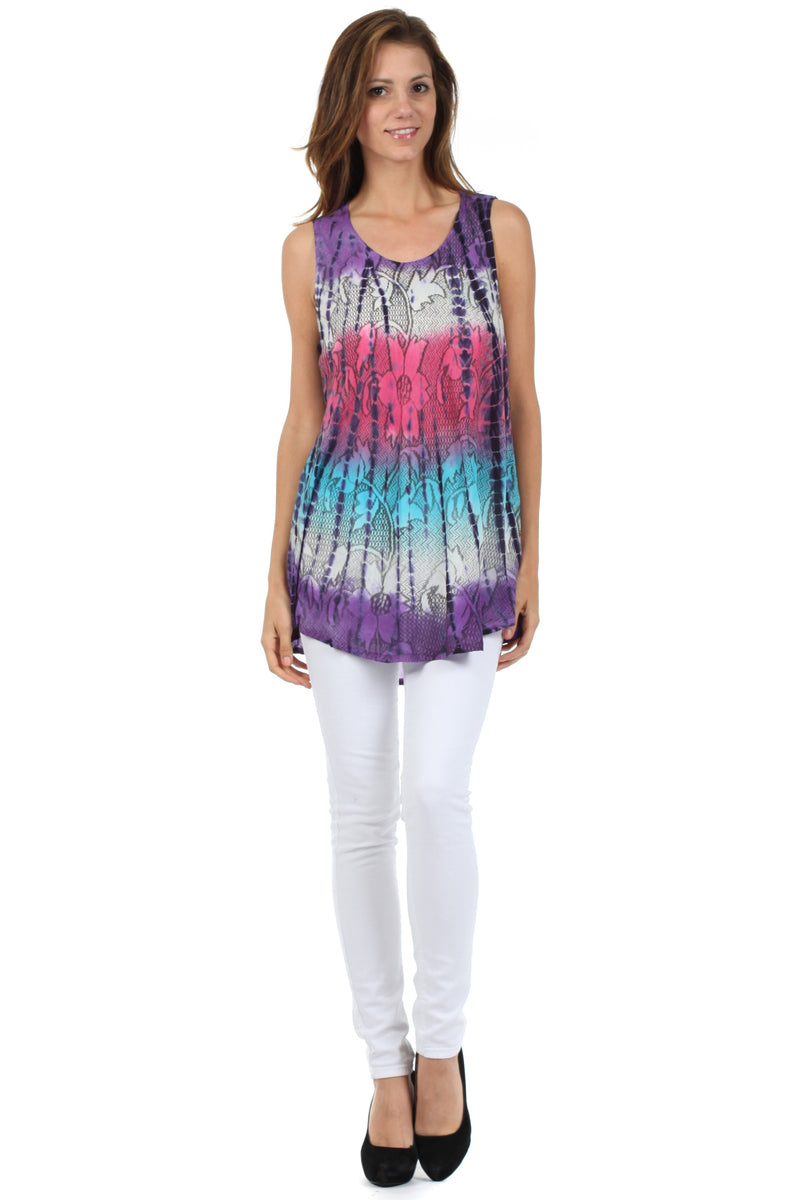 Sakkas Ombre Floral Tie Dye Flared Hem Sleeveless Tunic Blouse