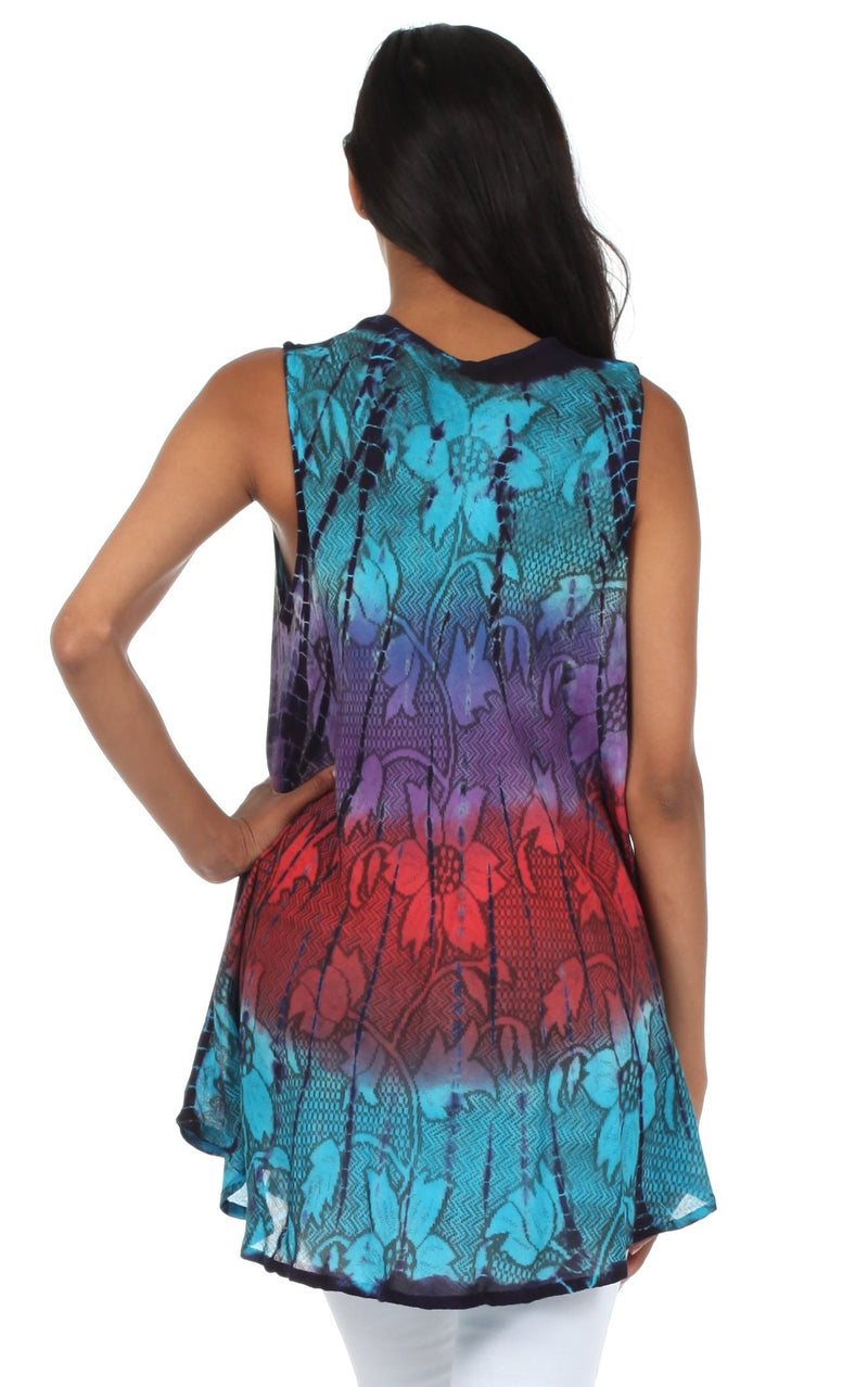 Sakkas Ombre Floral Tie Dye Flared Hem Sleeveless Tunic Blouse