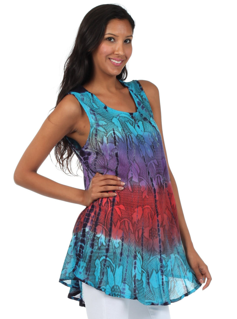 Sakkas Ombre Floral Tie Dye Flared Hem Sleeveless Tunic Blouse