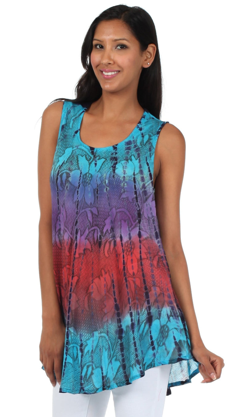 Sakkas Ombre Floral Tie Dye Flared Hem Sleeveless Tunic Blouse