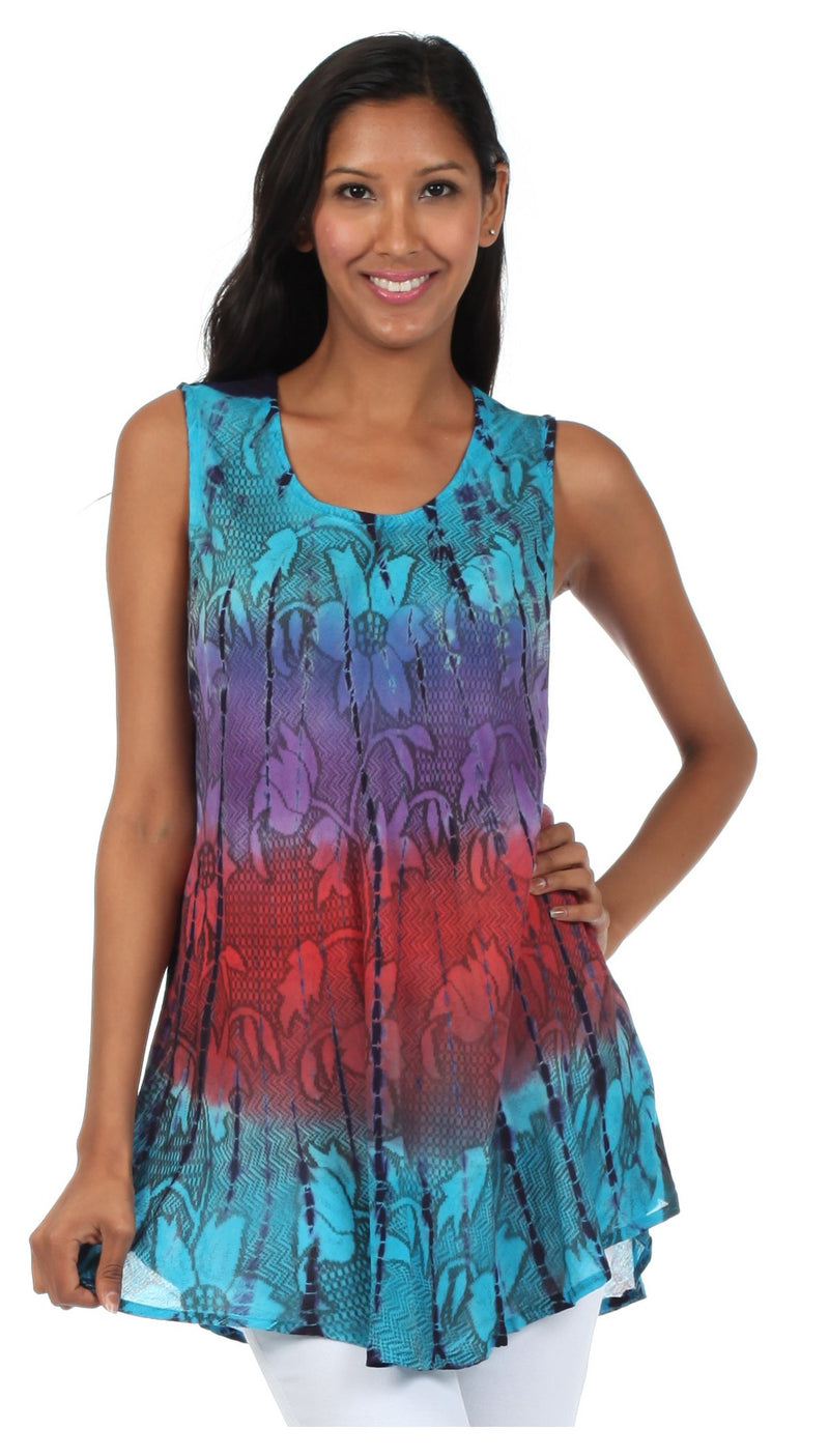 Sakkas Ombre Floral Tie Dye Flared Hem Sleeveless Tunic Blouse