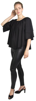 Sakkas Samra Womens Casual Off the Shoulder Bohemian Blouse Top Solid Short Sleeve#color_Black