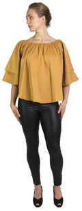 Sakkas Samra Womens Casual Off the Shoulder Bohemian Blouse Top Solid Short Sleeve#color_Camel