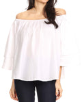 Sakkas Samra Womens Casual Off the Shoulder Bohemian Blouse Top Solid Short Sleeve#color_White