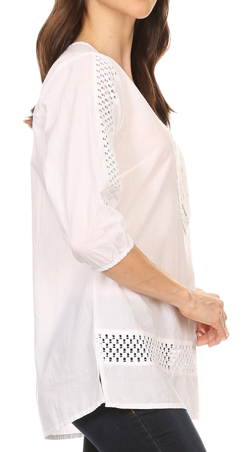 Sakkas Marion 3/4 Sleeve Blouse Tunic with Lace Applique and Crochet