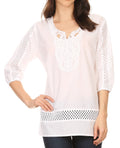 Sakkas Marion 3/4 Sleeve Blouse Tunic with Lace Applique and Crochet#color_White