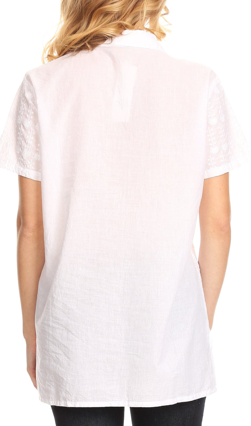 Sakkas Lavina Short Sleeve Floral Embroidered Woven Shirt