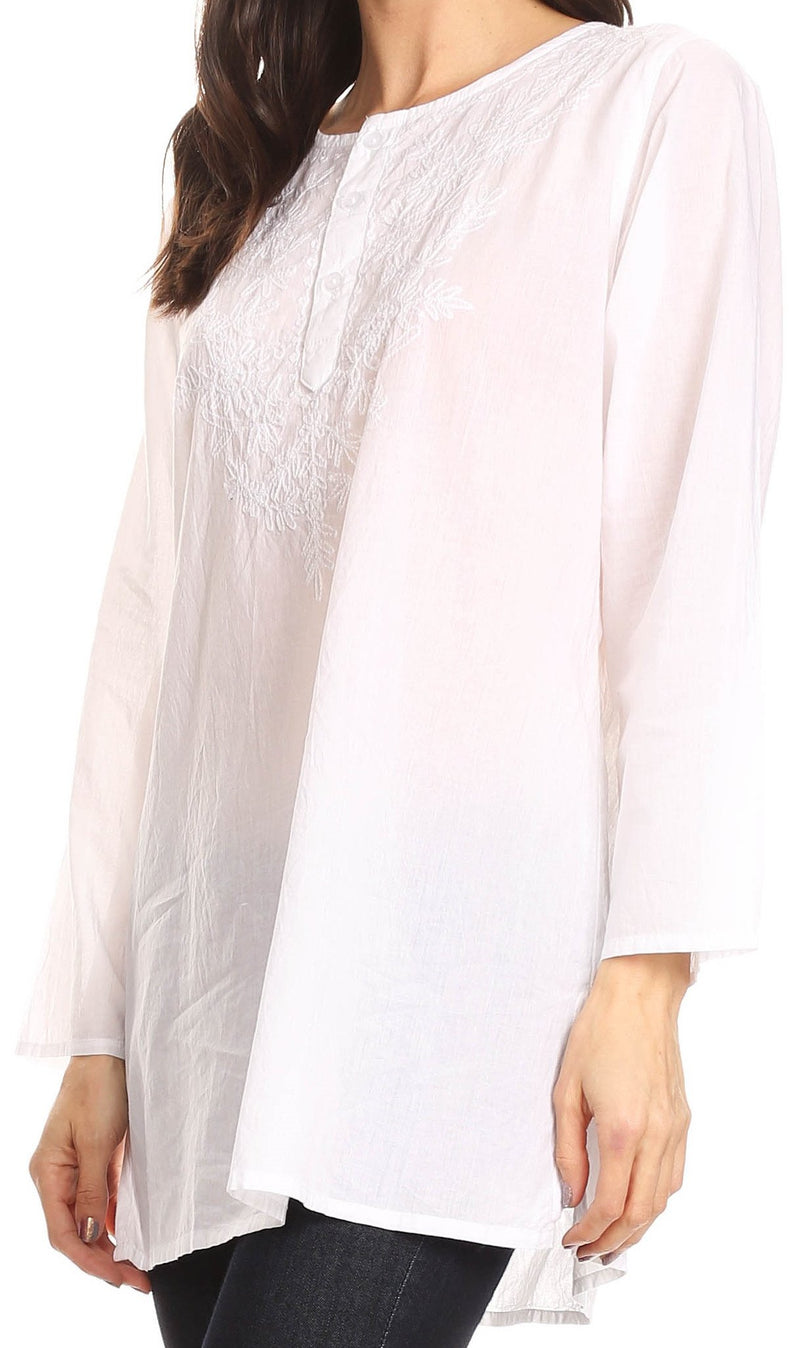 Sakkas Ariana Long Sleeve Button Up Blouse with Floral Embroidery