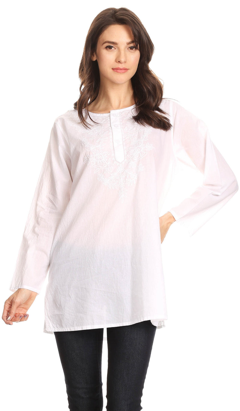 Sakkas Ariana Long Sleeve Button Up Blouse with Floral Embroidery