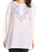 Sakkas Ariana Long Sleeve Button Up Blouse with Floral Embroidery#color_White/Blue