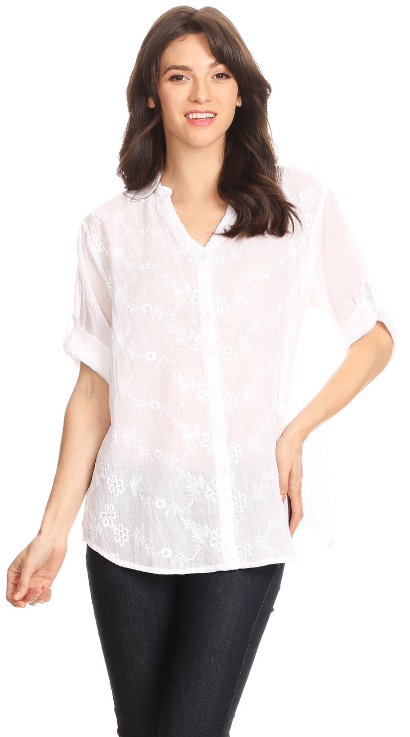 Sakkas Isabella V-Neck Button Up Roll Sleeve Floral Embroidered Shirt