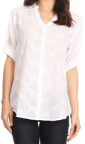 Sakkas Isabella V-Neck Button Up Roll Sleeve Floral Embroidered Shirt#color_White