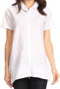 Sakkas Kiera Short Sleeve Embroidered Eyelet Woven Shirt#color_White 